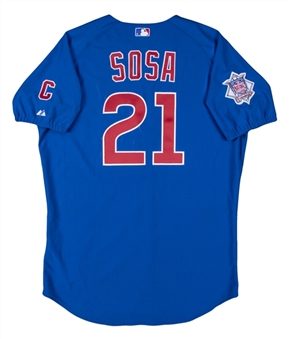 2004 Sammy Sosa Game Used Chicago Cubs Blue Alternate Jersey Photo Matched To 10/2/2004 For Career Home Run #574 - His Final Game & Home Run With The Cubs! (Sports Investors Authentication)